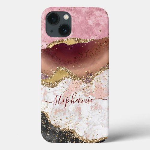 Personalized Black Rose Gold Marble Glitter Agate iPhone 13 Case