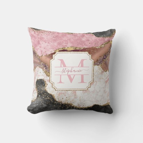 Personalized Black Rose Gold Marble Glitter Agate Throw Pillow