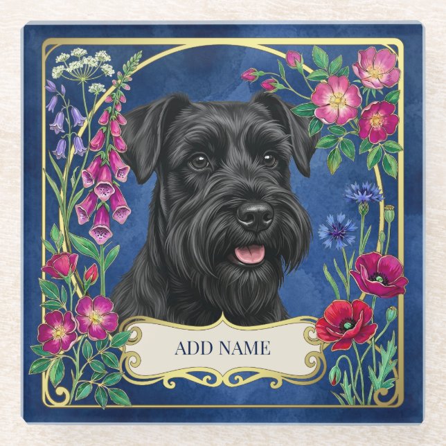 Personalized Black Schnauzer Blue Coaster (Front)