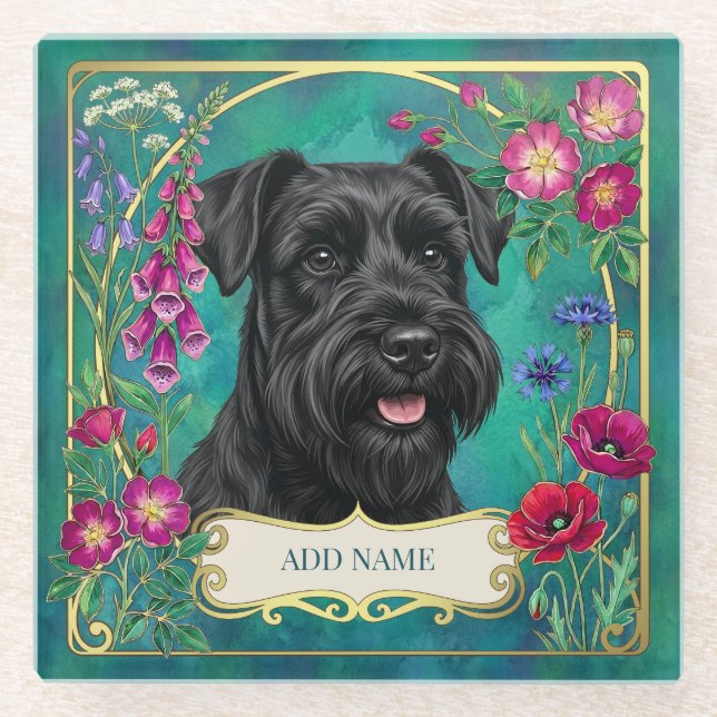 Personalized Black Schnauzer Teal Coaster (Front)