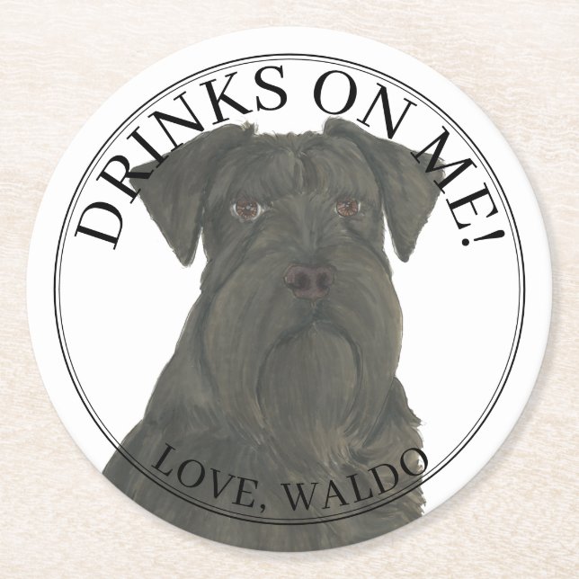 Personalized Black Scnahuzer Dog Wedding Round Paper Coaster (Front)