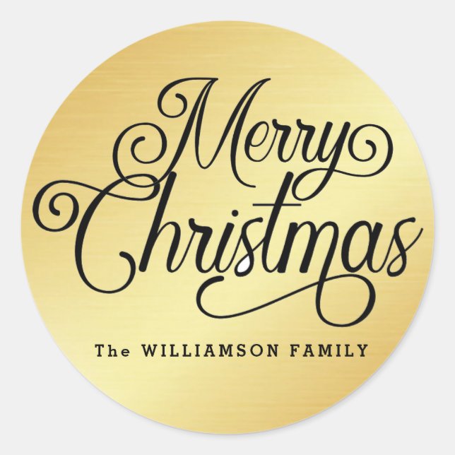 Personalized Black Script on Gold Merry Christmas Classic Round Sticker (Front)