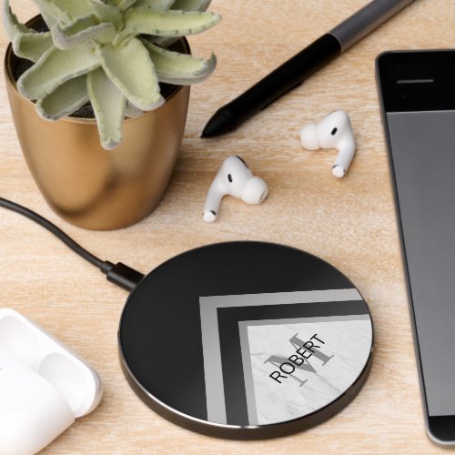 Personalized Black Silver Chevron White Marble Wireless Charger