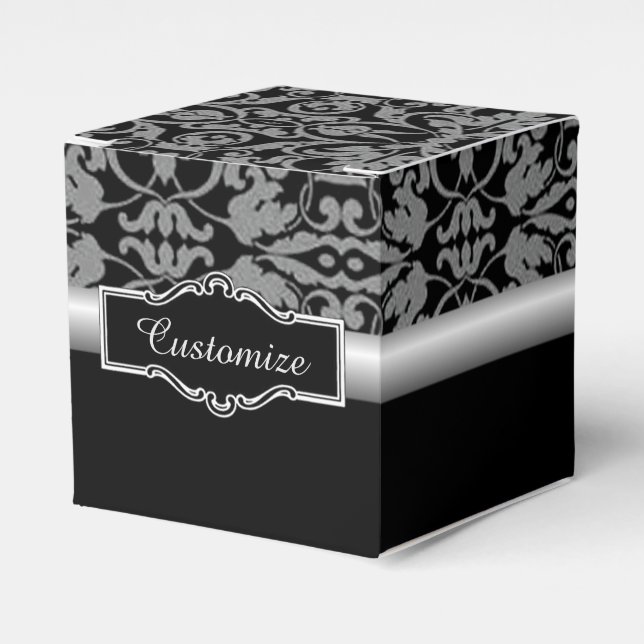 Personalized Black & Silver Damask Cube Favor Box (Front Side)