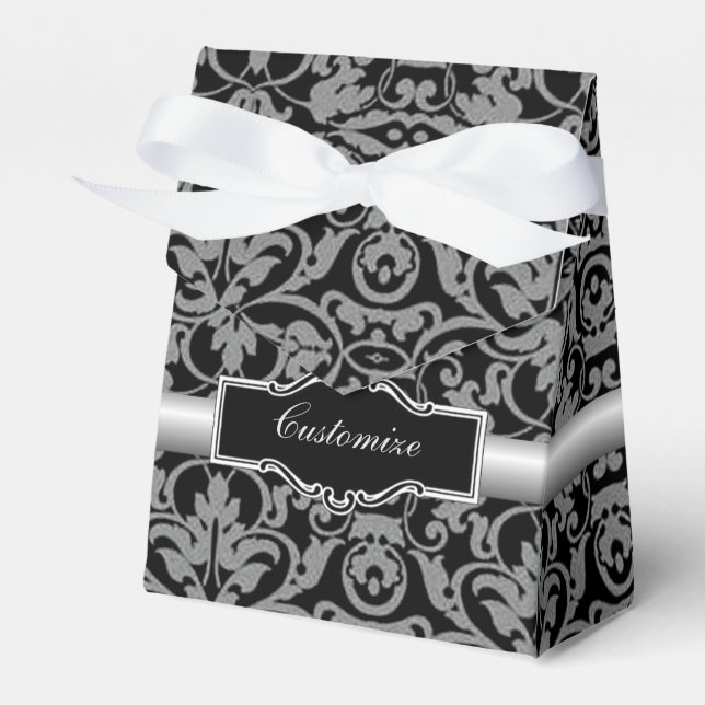 Personalized Black & Silver Damask Favor Box (Front Side)