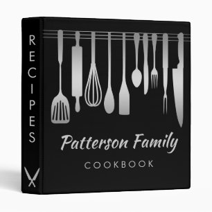 Personalized Black Silver Family Recipe Cookbook 3 Ring Binder