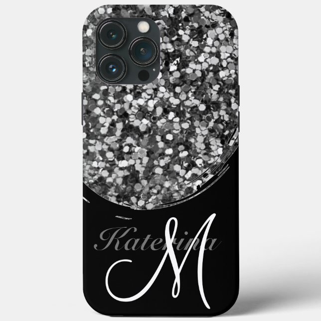 Personalized Black Silver Glitter Sparkle Name Case-Mate iPhone Case (Back)