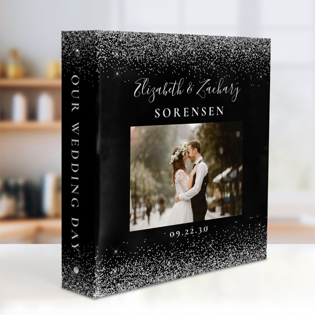 Personalized Black Silver Glitter Wedding Photo 3 Ring Binder (Creator Uploaded)