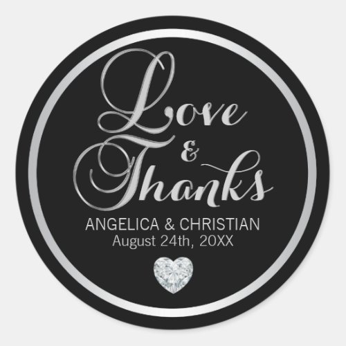 Personalized Black Silver LOVE  THANKS Wedding Classic Round Sticker