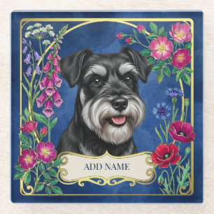 Personalized Black & Silver Schnauzer Blue Coaster