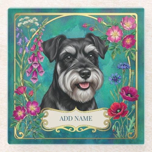 Personalized Black & Silver Schnauzer Teal Coaster