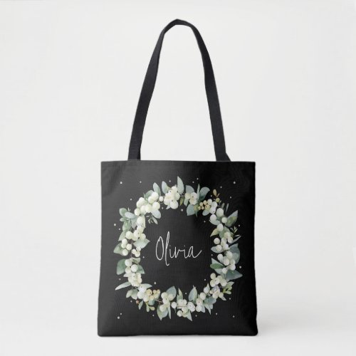 Personalized Black SnowberryEucalyptus Wedding Tote Bag
