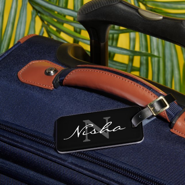 Personalized Black Stylish Monogram Luggage Tag (Front Insitu 3)