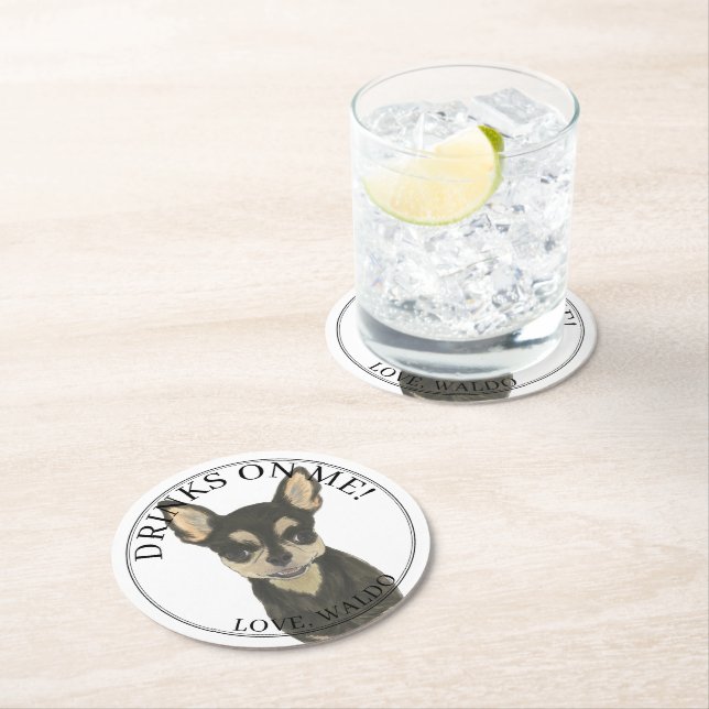 Personalized Black Tan Chihuahua Wedding Round Paper Coaster (Insitu)