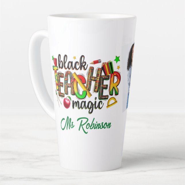 Personalized Black Teacher Magic Photo Collage Latte Mug (Left Angle)
