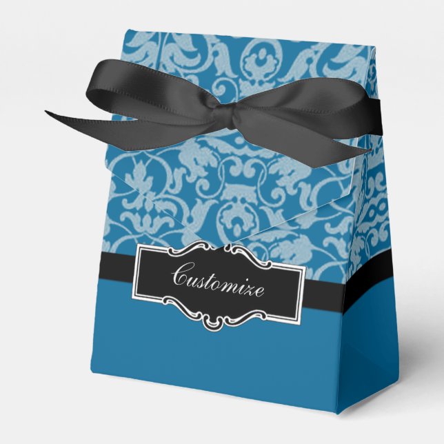 Personalized Black & Teal Damask Favor Box (Front Side)