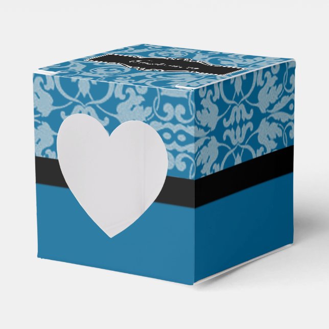 Personalized Black & Teal Damask Heart Favor Box (Front Side)