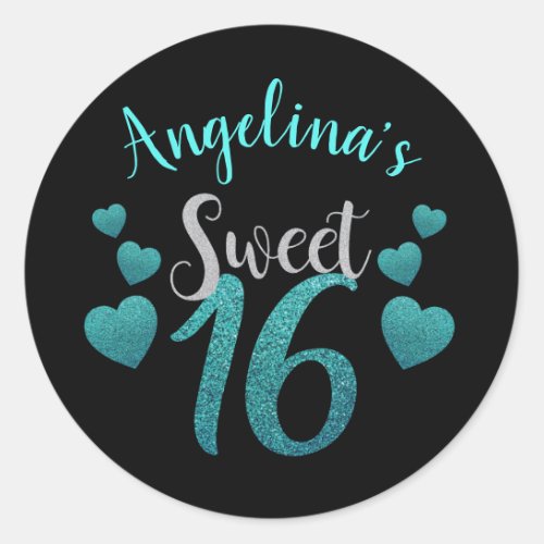 Personalized Black  Teal Glitter Sweet 16 Classic Round Sticker