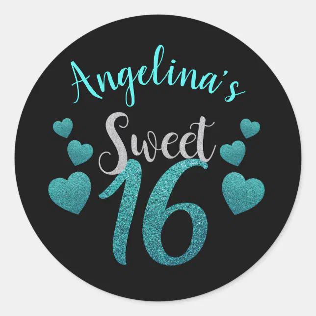 Personalized Black & Teal Glitter Sweet 16 Classic Round Sticker | Zazzle