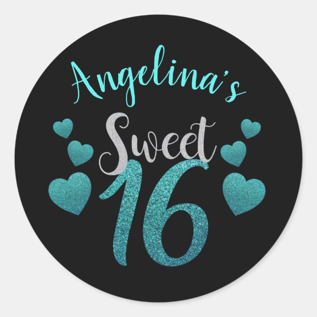Personalized Black & Teal Glitter Sweet 16 Classic Round Sticker (Front)