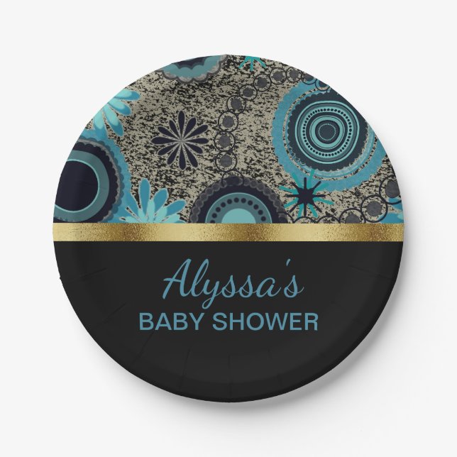 Personalized Black Teal Gold Baby Shower Paper Plates (Front)