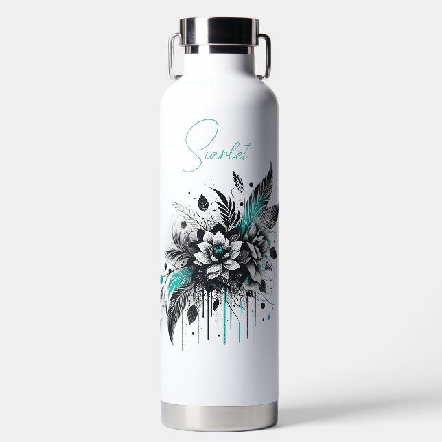 Personalized Black & Teal grafitti style floral Water Bottle (Front)