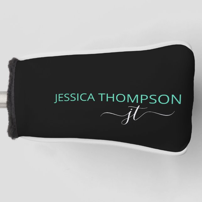 Personalized Black Teal Stylish Monogram Name  Golf Head Cover (Front)