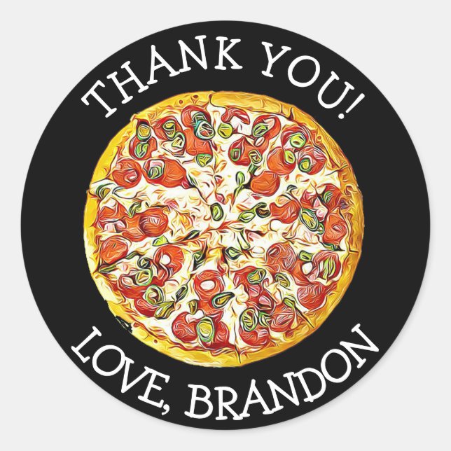 Personalized Black Thank You Pizza Party Stickers (Front)