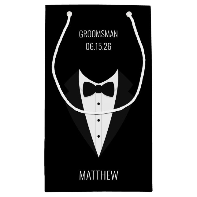 Personalized Black Tuxedo Wedding Groomsmen Small Gift Bag (Back)