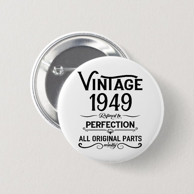 Personalized black vintage 75th birthday party button (Front & Back)
