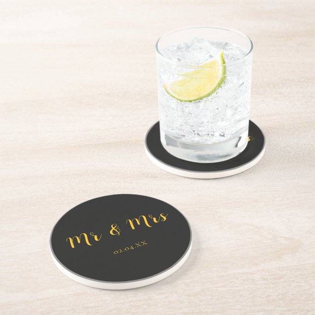 Personalized Black w/ Yellow Mr & Mrs Coaster (Side)