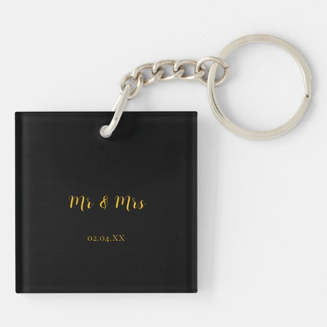 Personalized Black w/ Yellow Mr & Mrs Key Chain (Back)