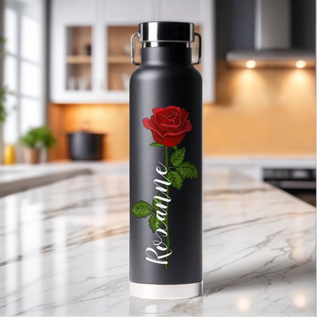 Personalized Black Water Bottle with a Red Rose (Creator Uploaded)