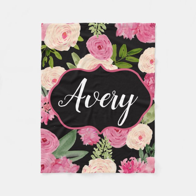 Personalized Black Watercolor Flowers Blanket (Front)