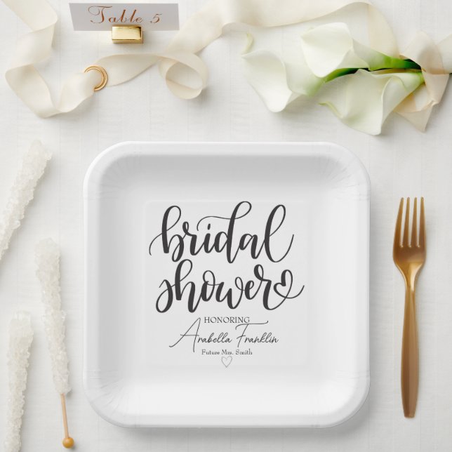 Personalized Black Wedding Bridal Shower White Paper Plates (Wedding)