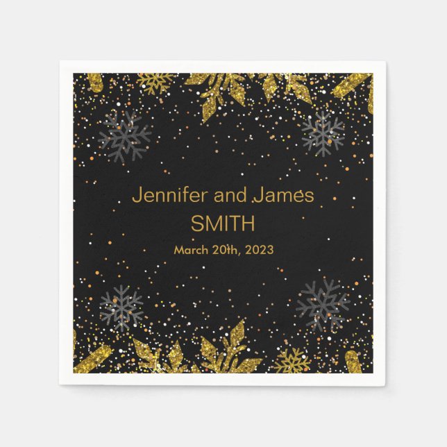 Personalized Black Wedding Confetti Gold Glitter P Napkins (Front)