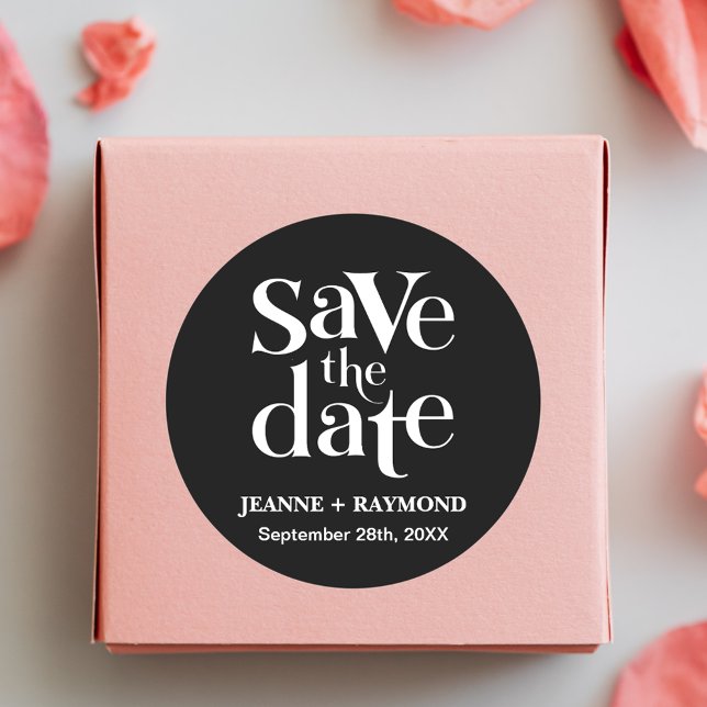 Personalized Black Wedding Save The Date Classic Round Sticker (Creator Uploaded)