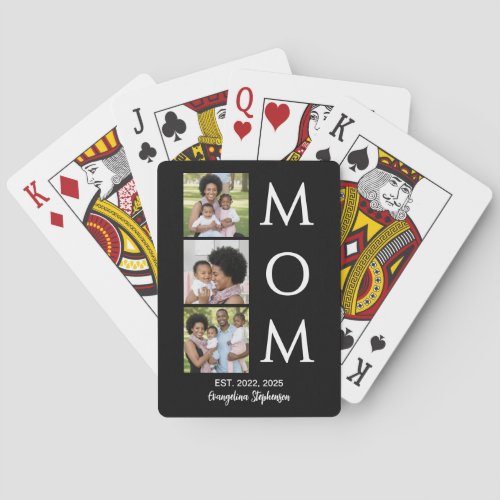 Personalized Black White 3 Photo Mom Established Poker Cards