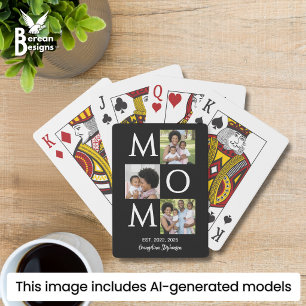Personalized Black White 3 Photo Mom Established Poker Cards