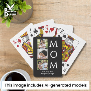 Personalized Black White 3 Photo Mom Established Poker Cards