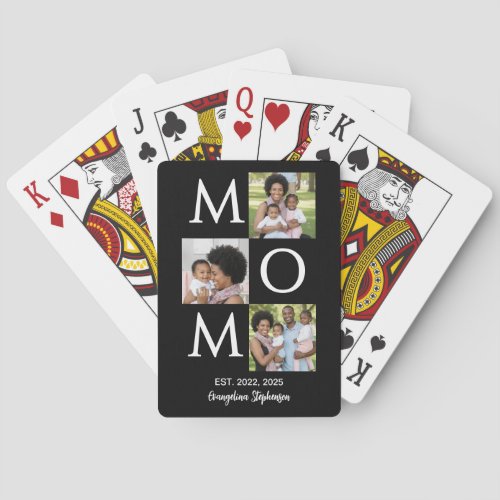 Personalized Black White 3 Photo Mom Established Poker Cards