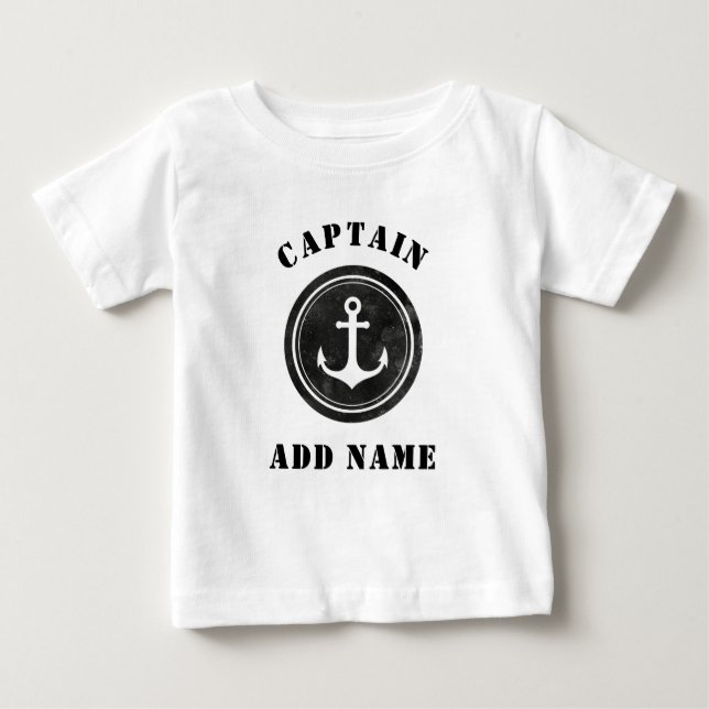 Personalized Black & White Anchor Captain Name Baby T-Shirt (Front)