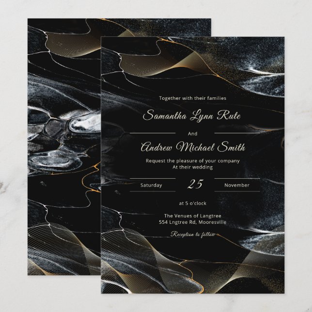 Personalized  Black White and Gold Wedding Invitation (Front/Back)