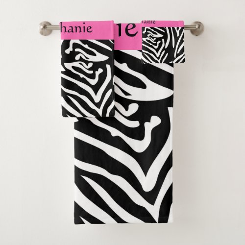 Personalized Black White and Hot Pink Zebra Print Bath Towel Set