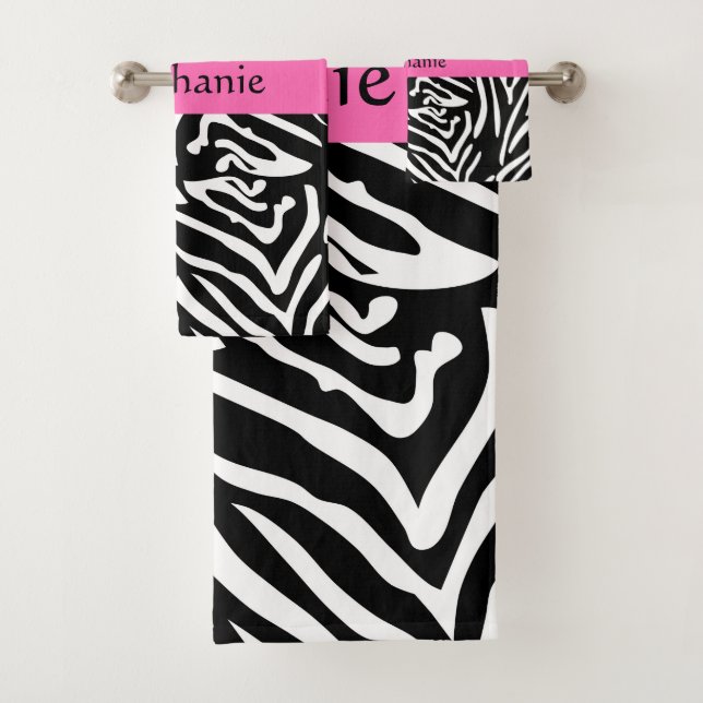 Personalized Black, White and Hot Pink Zebra Print Bath Towel Set (Insitu)
