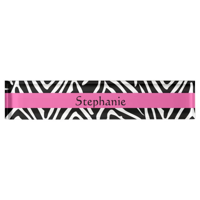 Personalized Black, White and Hot Pink Zebra Print Desk Name Plate (Front)