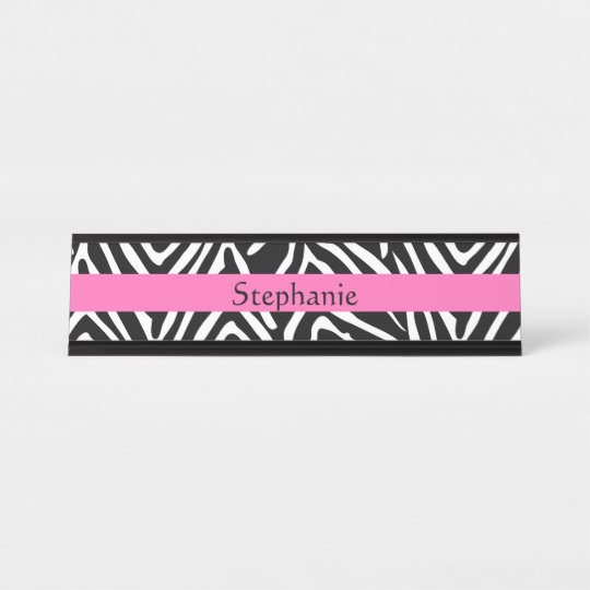Personalized Black White And Hot Pink Zebra Print Desk Name Plate