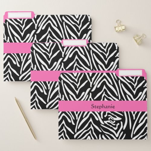 Personalized Black White and Hot Pink Zebra Print File Folder