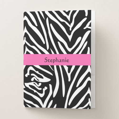 Personalized Black White and Hot Pink Zebra Print Pocket Folder