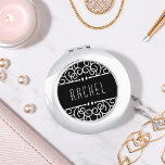 Personalized Black & White Art Deco Makeup Mirror<br><div class="desc">Chic art deco style compact mirror in elegant black and white features your name or initial monogram in the center in tall deco lettering,  flanked at the top and bottom by two intricate flourish illustrations.</div>